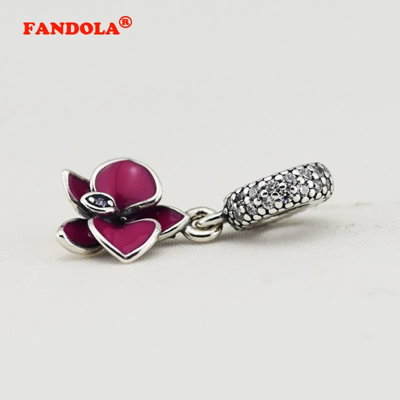 Подходит для браслетов Pandora Charms Orchind Beads с фиолетовой эмалью и прозрачным CZ 100% 925 пробы-серебро-ювелирные изделия Бесплатная доставка