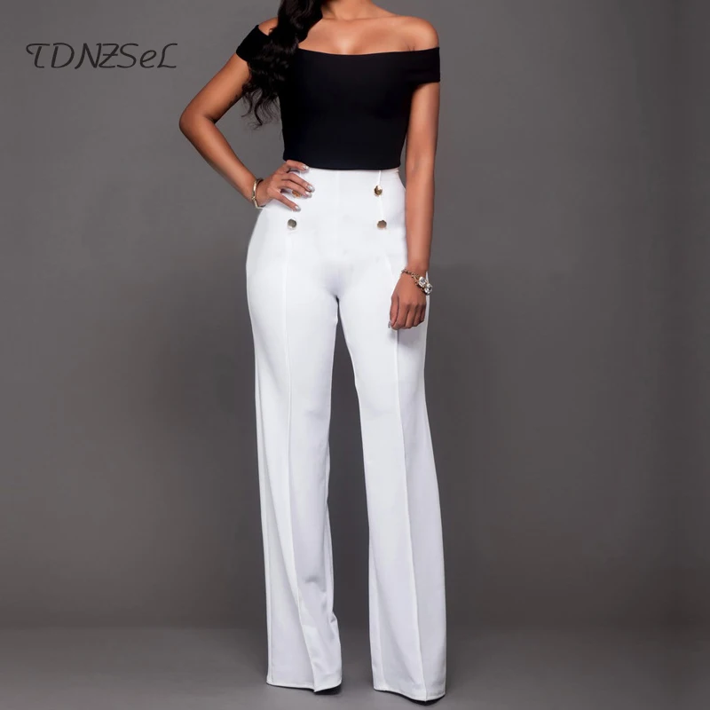 

Women High Waist Sexy Skinny Wide Leg Flare Pants Zipper Button Elegant Slim Long Pant 2018 Spring Femme Casual Solid Trousers