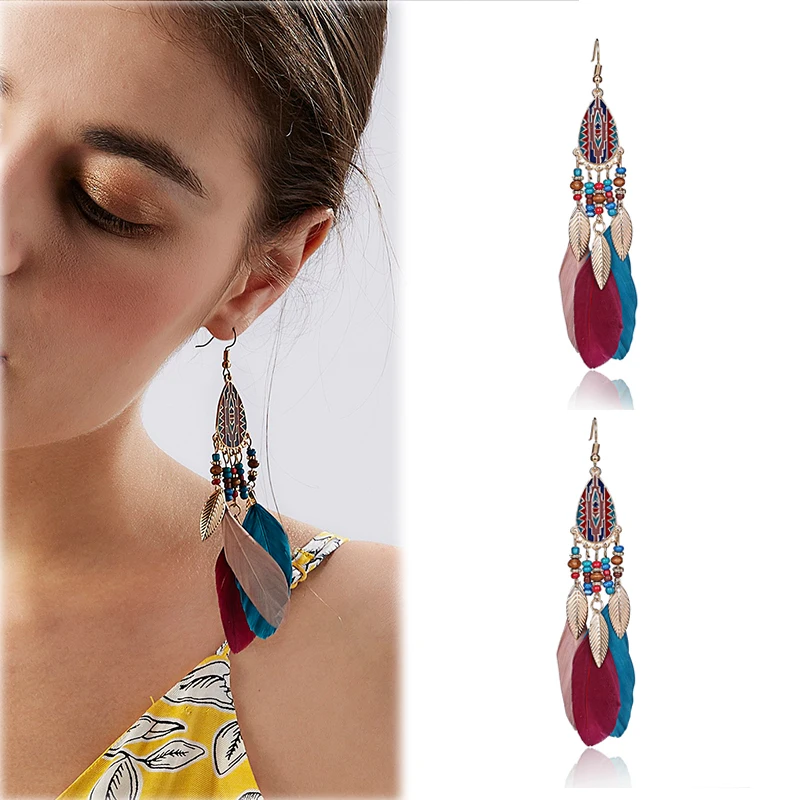 

Rinhoo Bohemian Retro Feather Tassel Drop Earrings New Design Boho Leaf Fringe Long Dangle Earring Brincos Wedding Party jewelry