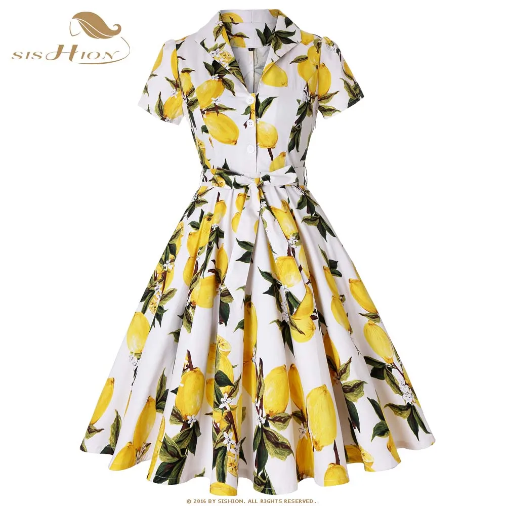 SISHION Хлопок размера плюс осенние винтажные платья лимонный Принт Цветочный белый желтый 1950s стиль элегантное вечернее платье размера плюс SD0002