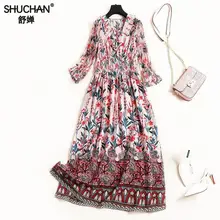 Shuchan 100% Natural Silk Summer Dress Indie Folk Print Ruffles Three Quarter Sleeve New Arrival Dress 2019 V-neck clothing10515