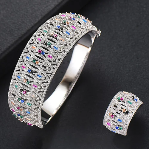 GODK 2PCS Bracelets/Ring Luxury Cubic Zirconia Open Bangle Resizable Rings Trendy Girls Women Patry Wedding Jewelry Sets - Окраска металла: Multicolor