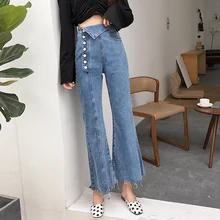 Корейские расклешенные джинсы женские большие размеры высокая посадка на пуговице мама обтягивающие джинсы женские уличные джинсы женские брюки и джинсы