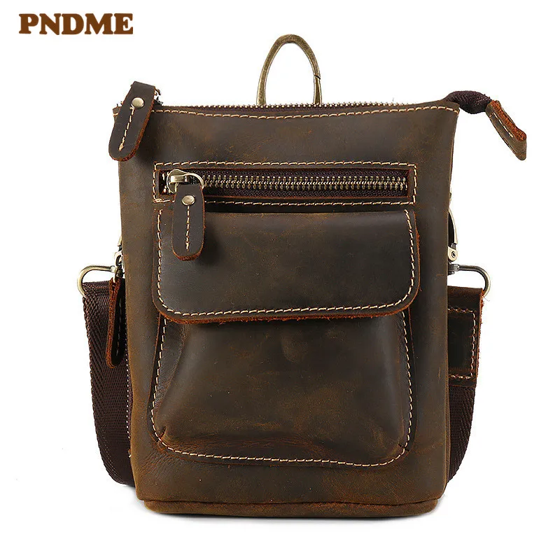 

PNDME vintage crazy horse cowhide men's small waist packs Casual handmade multi function genuine leather belt bag messenger bags