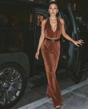 

New Luxury Sexy Halter Backless V Neck Velvet Brown Women Jumpsuit 2019 Bodycon Designer Party Jumpsuit