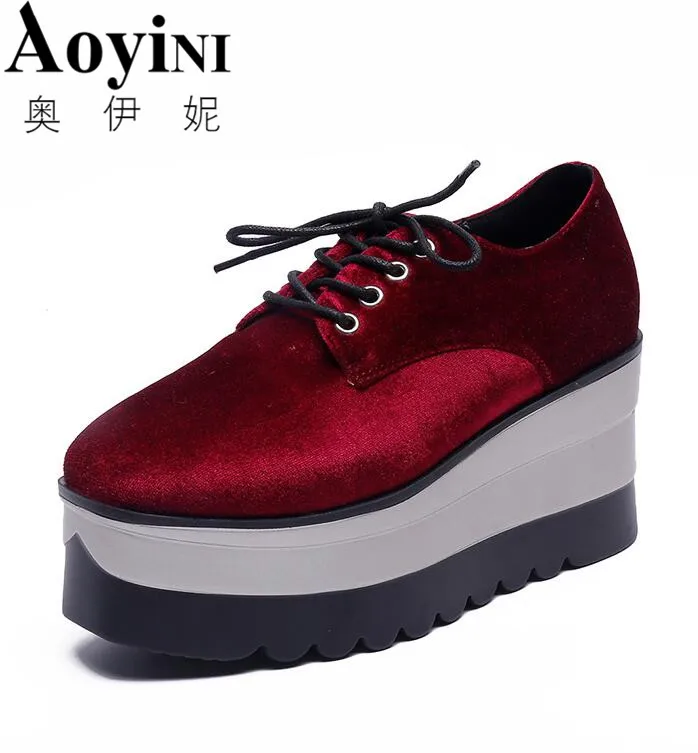 

2018 Autumn Flock Creepers Platform Casual Shoes Woman Lace-Up Oxfords Spring Flats Fashion Solid Women Shoes