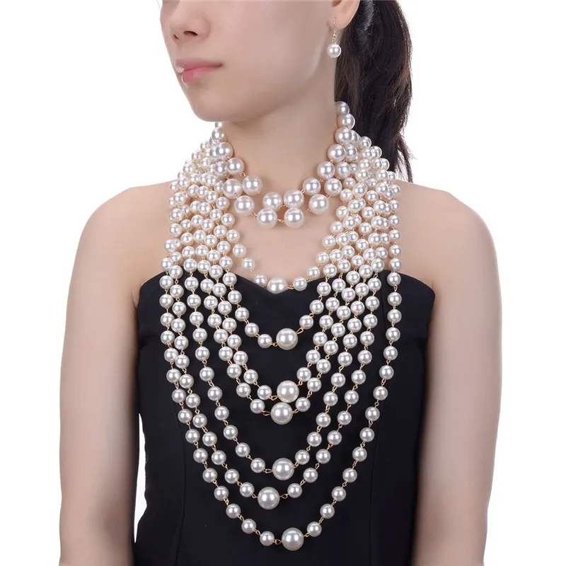 

JEROLLIN Multi-layer Simulated Pearls Chain Long Necklace Trendy Statement Choker Necklace for women Fashion Jewelry