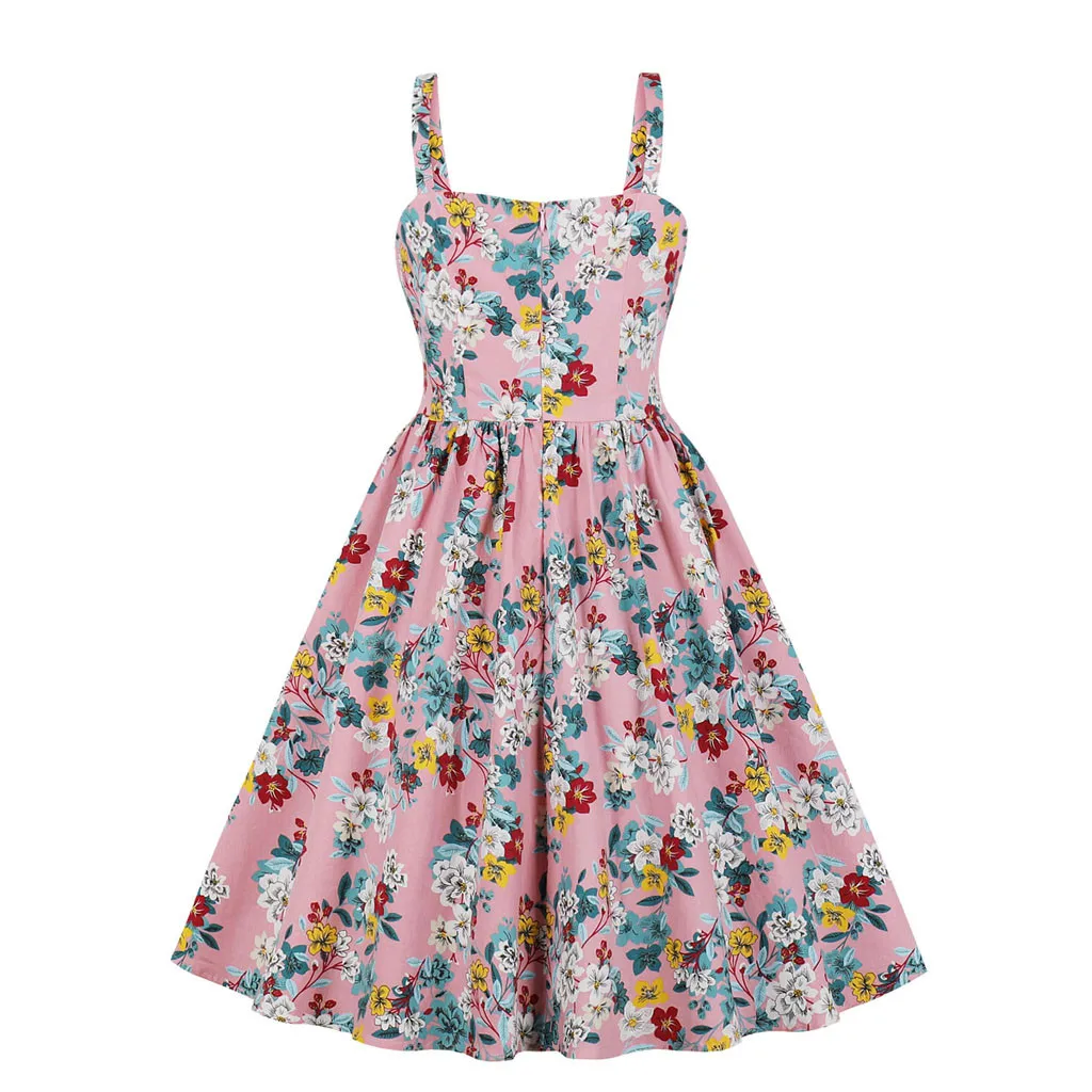 Винтажное женское платье с цветочным принтом, круглый вырез, без рукавов, а-образный пояс, 50 S, рокабилли, вечерние платья, большие размеры