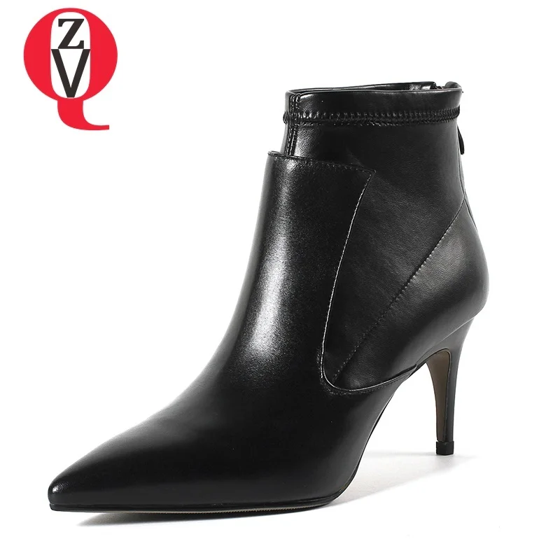 

ZVQ women boots 2018 newest hot sale high thin heels pointed toe zipper genuine leather black and white big size fashion booties