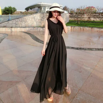

Seaside Resort Beach Skirt 2008 Summer Sleeveless Slim Loose Black Dress Large Skirt with Long Skirtmaxi dresses