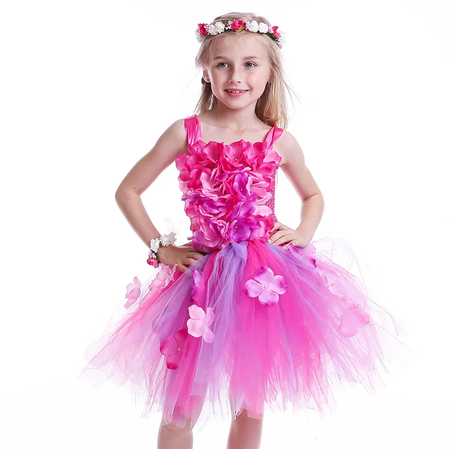 Girls Pink Purple Flowers Tutu Dress Summer Children Crochet Bodice Tulle Clothes (2)