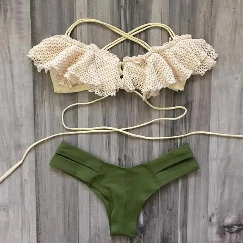 

2019 New Women Vintage Summer Brand Bikini Sexy Bandage Lace Up Crochet Bikini Swimwear Knitted Swimsuit Bathing Suit