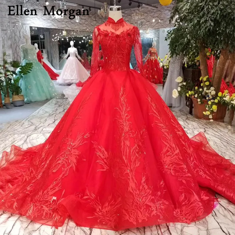 

Red High Neck Lace Ball Gowns Wedding Dresses 2019 Custom Made Embroidery Beaded Vintage Corset Long Sleeves Bridal Gowns