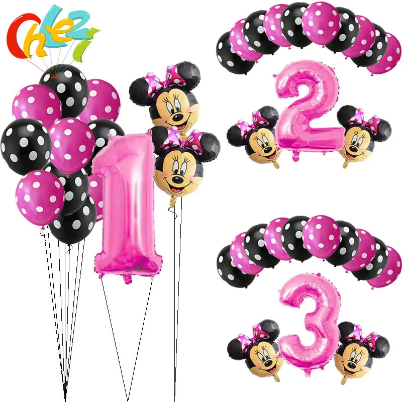 

13Pcs Pink Girl Minnie mouse party decorations Birthday Balloons Number 1 2 3 year baby shower helium Dot latex balloon Kids toy