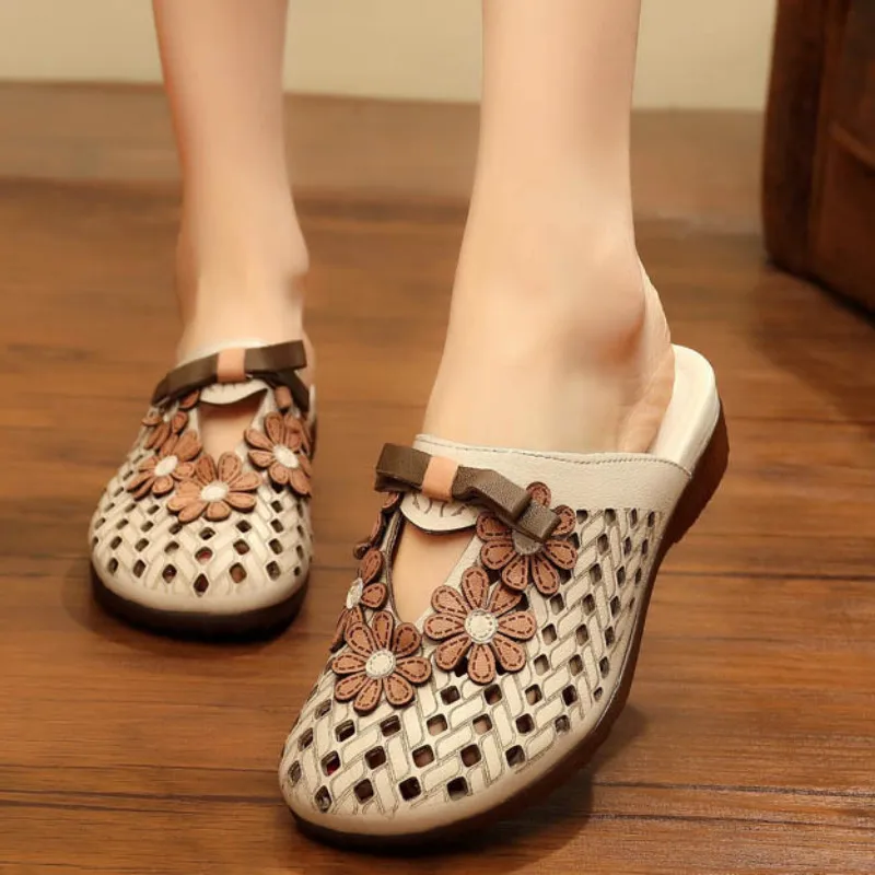

Women Genuine Leather Mules Hollow Out Slippers Women Spring 2019 Retro Brand Handmade Women Leather Slippers Flower Low Heels