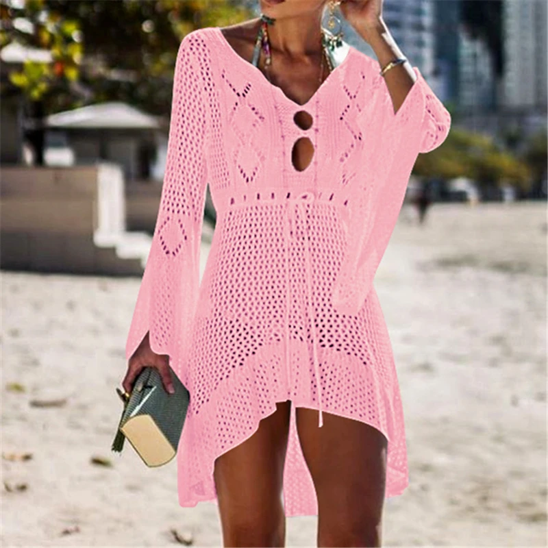 Women's Sexy Pink Crochet Tunic Cover-Ups