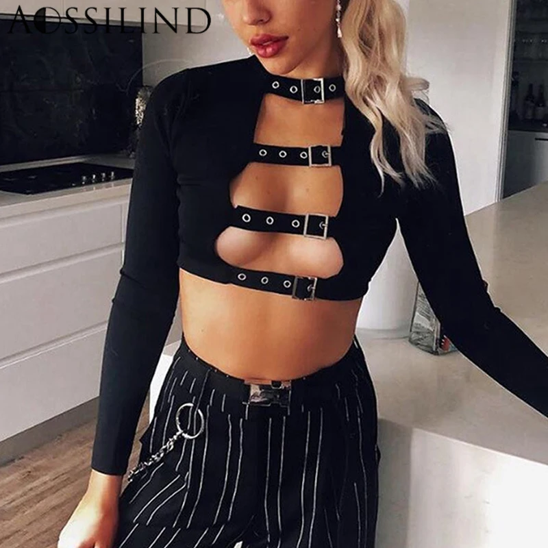 

AOSSILIND Sexy Hollow Out Black Crop Top 2018 Autumn Long Sleeve Women Cropped Tee Shirt Party Club Bustier Tops