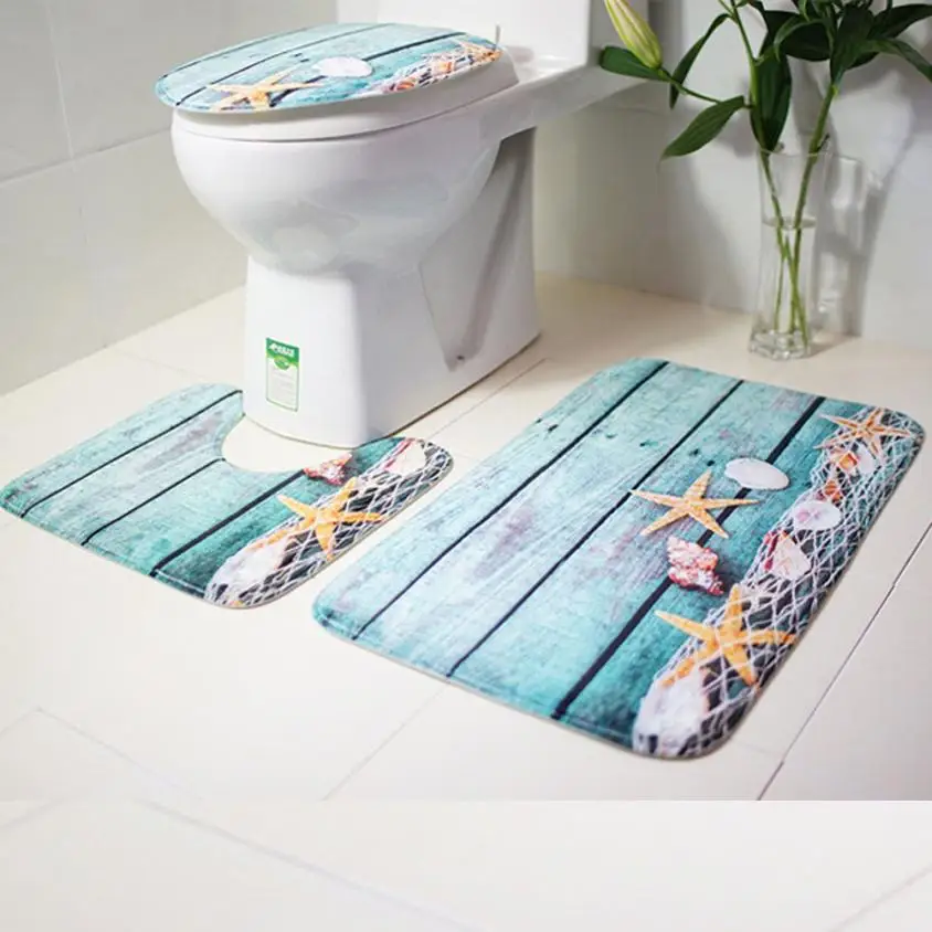 

3pcs/set Natural seaside landscape printing Bathroom Non-Slip Blue Ocean Style Pedestal Rug Lid Toilet Cover Bath Mat A30 30+