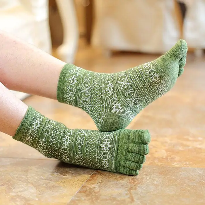 3 пары, этнический Ветер, зимние толстые мужские носки с пятью пальцами, 5 Носок, высокая эластичность, хлопок, удобные мужские носки по щиколотку - Цвет: Зеленый
