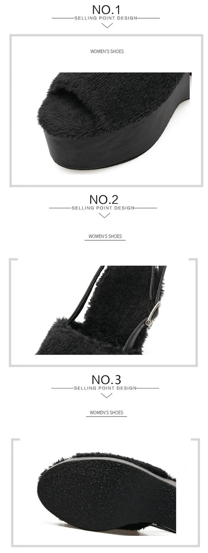 Autumn Women Sandals Peep Toe Buckle Soft Fur Cotton Insole Cozy Fashion Wedge Platform Women's Shoes Black 12cm Super High Heels (3)