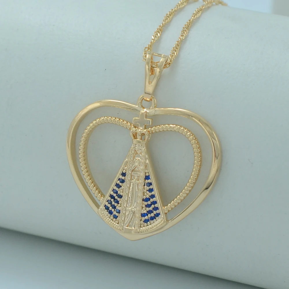 Zirconia Virgin Mary Heart Pendant Necklace Women/Girl 16K Gold Plated