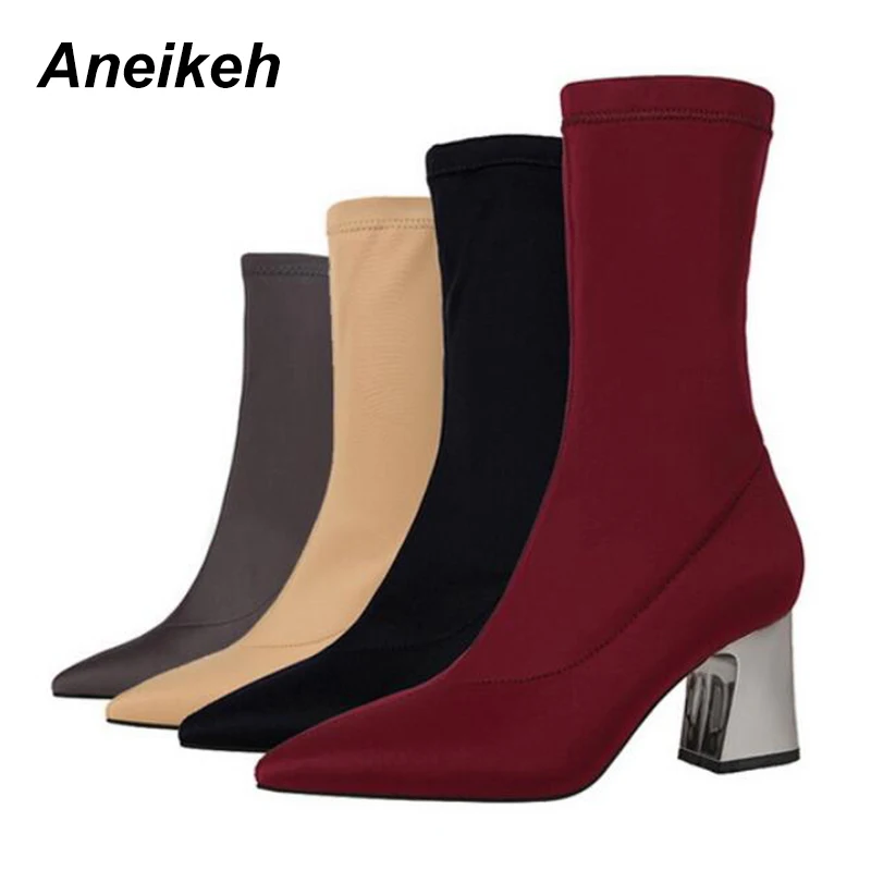

Aneikeh NEW Women Boots Sexy Pointed Toe Lycra Elastic Female Mid Calf Boots Autumn Winter High Heels Short Boot Shoe