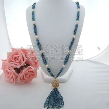 

N102304 35" White Pearl Blue Necklace CZ Pendant
