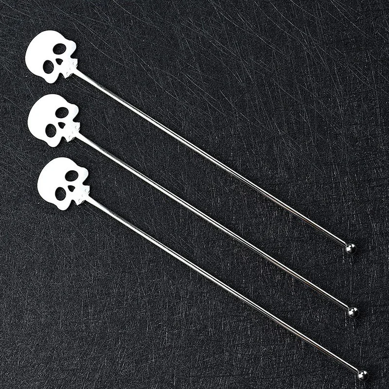 2PCS Stainless Steel Skull Stirring Sticks Martini Cocktail Picks Glass