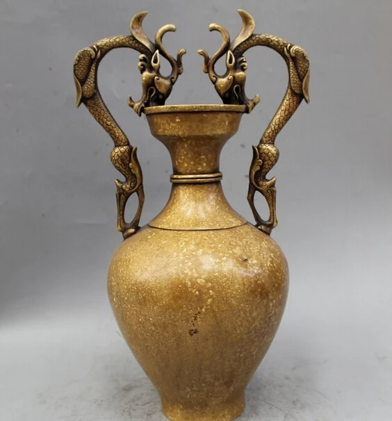 

free 13" Marked Chinese Dyansty Pure Bronze Lucky Two Dragon Flower Bottle Vase fast