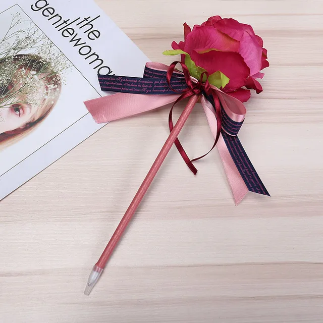 1PCS Creative Simulation Rose Flower Bow Ballpoint Pen Valentine's Day Ballpoint Pens Writing Pen Wedding Gift Pen Office Supply Red