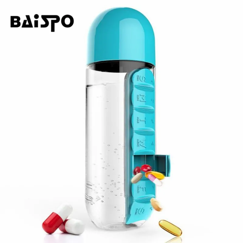 BAISPO 600 мл бутылка для воды спортивная комбинация ежедневных таблеток Органайзер питьевой запаянный герметичный пластиковый флакон - Цвет: Синий