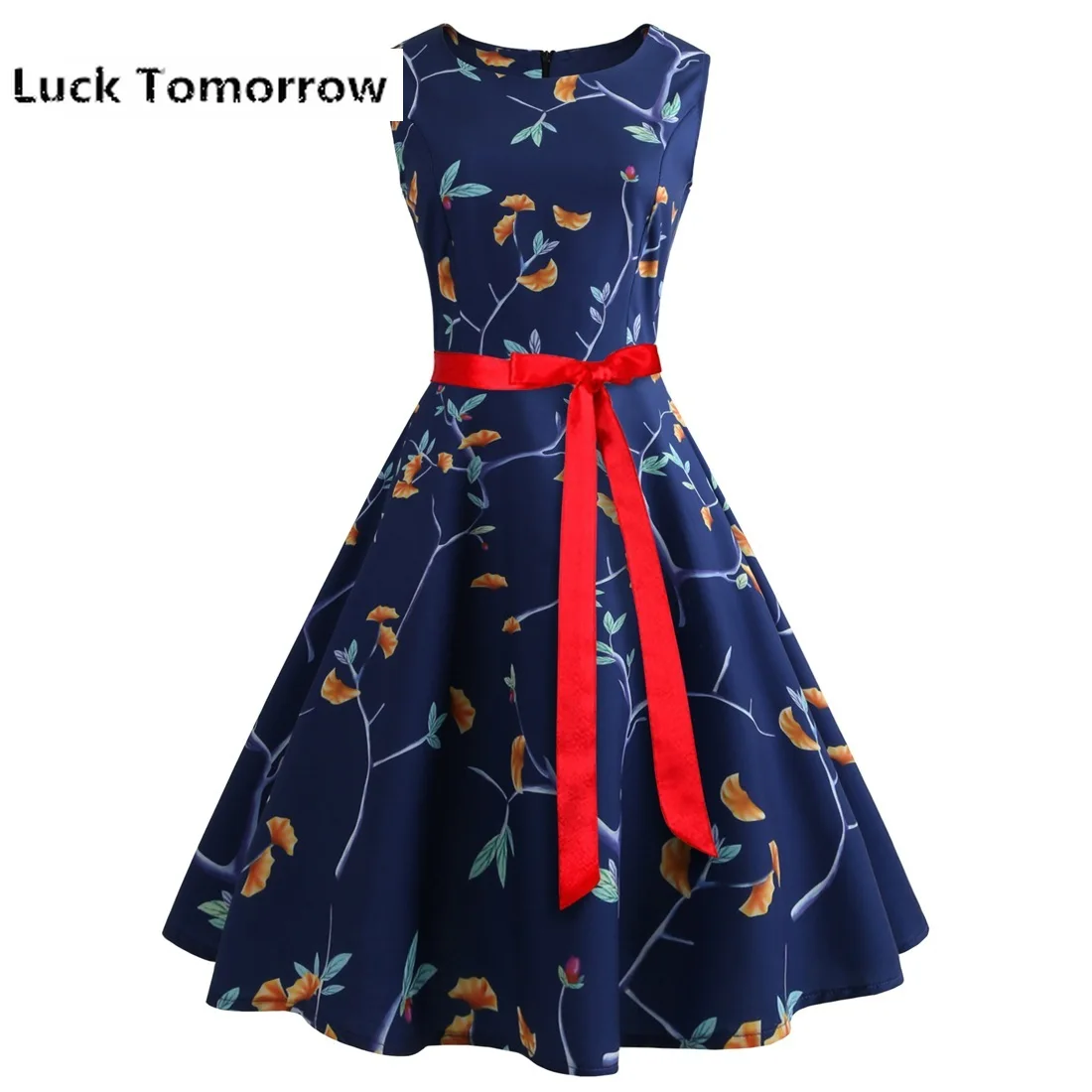 

Floral Print Summer Dress Women Vintage Elegant Swing Rockabilly Party Dresses Plus Size Casual Midi Tunic Runway Dress