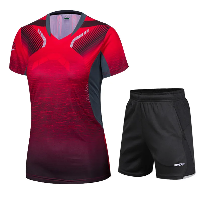 Новая спортивная быстросохнущая дышащая футболка для бадминтона, мужская и женская футболка для настольного тенниса(с короткими рукавами+ шорты) теннисная футболка - Цвет: Women Red A Set