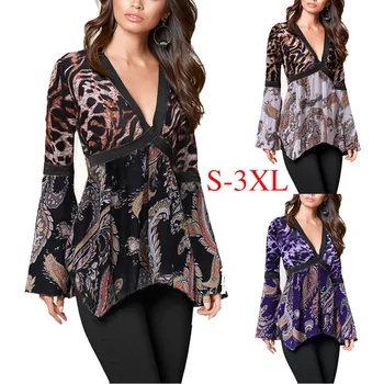 

Irregular Women Blouses 2019 Tunic Long Sleeve Deep V Office Shirt Leopard Blouse Shirt Casual Tops Plus Size Blusas Femininas