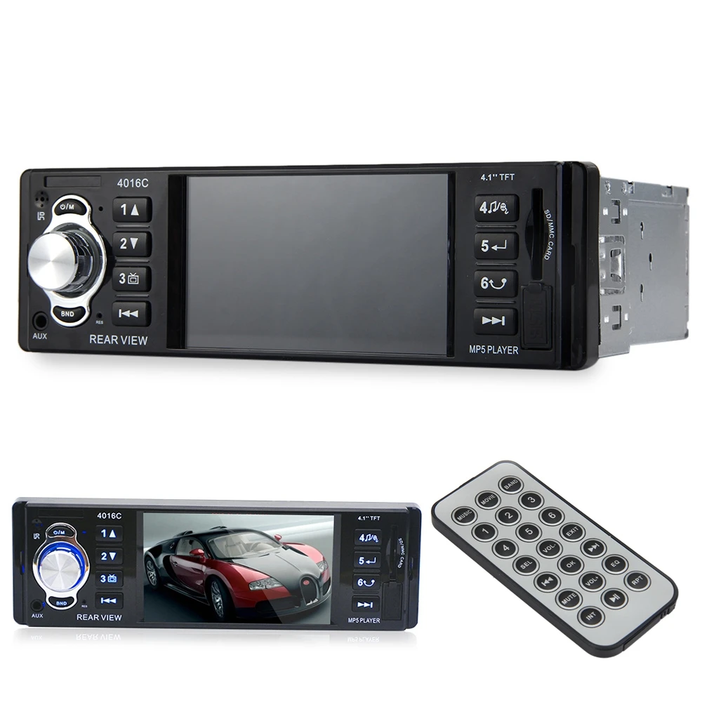 

1 Din Car Video Player Auto Radio Audio Stereo 4.1" HD Display Car MP5 Player with FM USB SD AUX Ports Support Rear View Camera