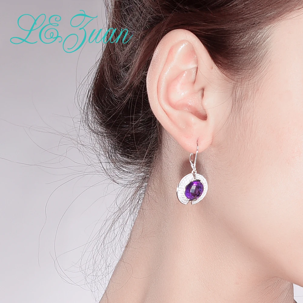

L&zuan Checkerboard Cut Gems Drop Earrings 7.21ct Natural Amethyst Real 925 Sterling Silver Jewelry Luxury Earring For Women