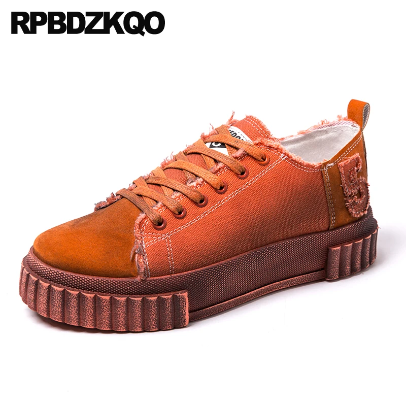 

Lace Up Orange Trainers Platform Slip On Sneakers Men Canvas Shoes Casual Flats Creepers Round Toe British Style Walking Skate