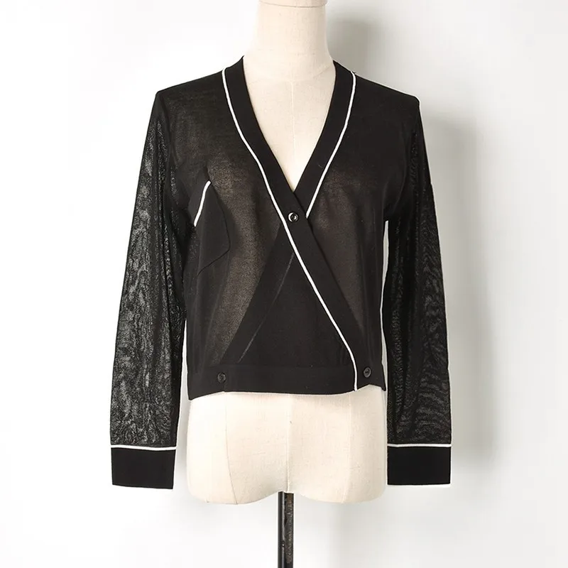 

Fall 2019 Fashion Spring Summer Thin Black White Knitted Cardigan Women Hollow Out V-neck Sexy Sweater Coat Cardigans Feminino