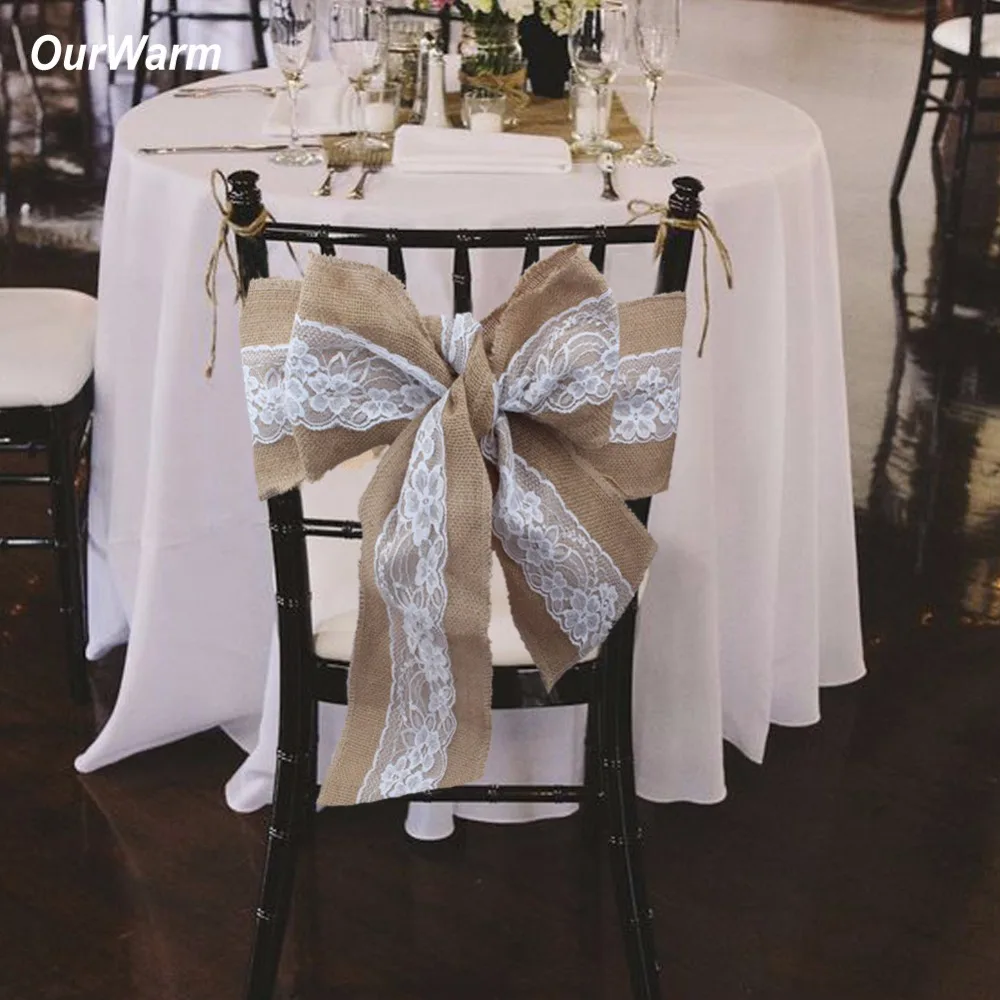 OurWarm Burlap Chair Sash Bow Ties for Banquet Wedding Party Craft
