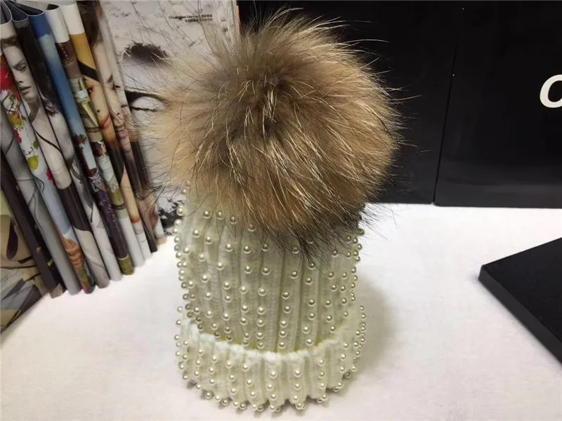 Winter Women's Nature Raccoon Fur Pom Pom Knitted Beanies Rhinestone Beads Pearl Skullies Girls Real Fur Knit Caps  Bonnet Hat 3