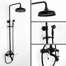 Oil Rubbed Bronze Wall Mounted Dual Ceramic Handle Bathroom Rain Shower Faucet Set + Handheld Shower and Tub Mixer Tap ahg044