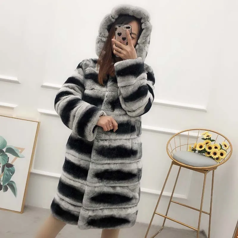 

Women natural Totoro long section rex rabbit fur 100% genuine chinchilla hooded coat color female winter jacket