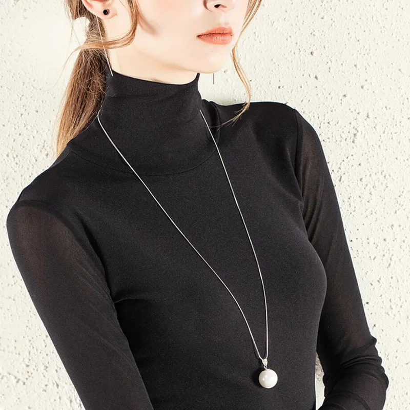 

Fat MM solid color mesh long sleeves inside high collar ladies wild bottoming shirt