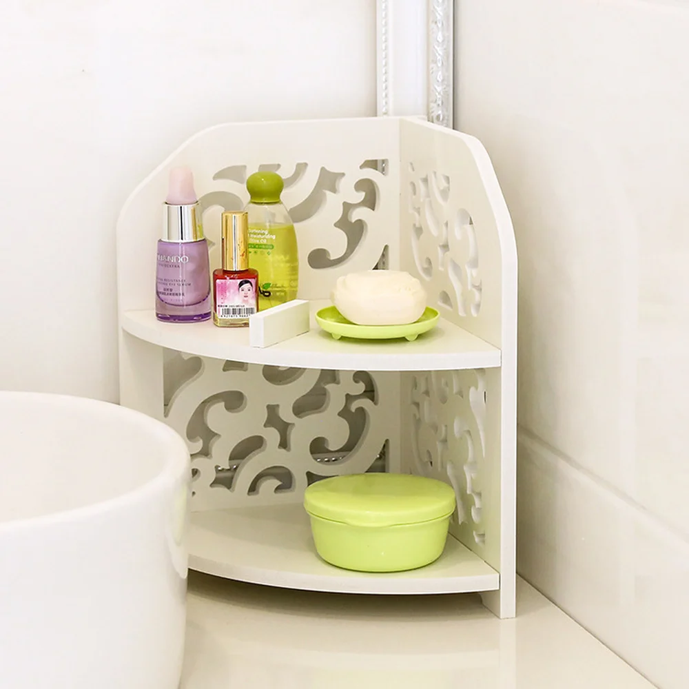 

Punch-free multi functional solid wood desktop corner frame bathroom waterproof storage rack plastic lo89335