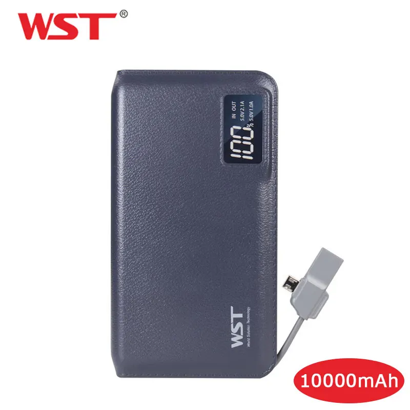 WST power Bank 10000 мАч светодиодный дисплей Портативный внешний аккумулятор Универсальное зарядное устройство USB для телефона со встроенным зарядным кабелем