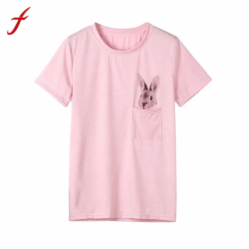 

Women Casual Rabbit Print With Pocket T-Shirt Short Sleeve Basic Tee