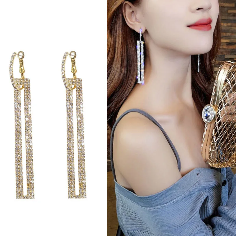 

Fashion Long Geometric Drop Earrings Luxury Gold Silver Color Rectangle Rhinestone Earring for Women Party Jewelry Gift
