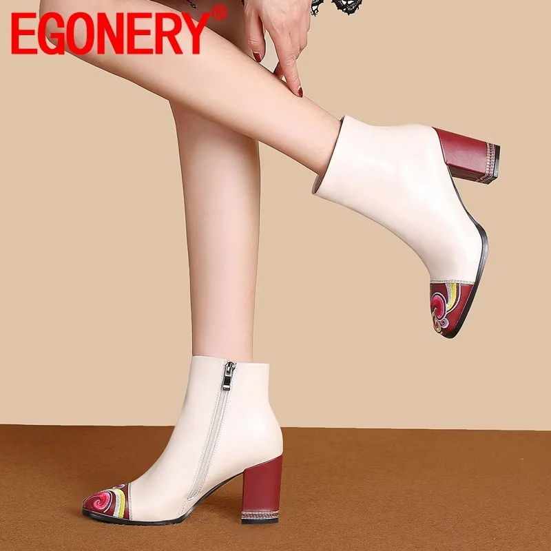

EGONERY woman shoes winter new fashion embroider genuine leather ankle boots outside super high heels zip square toe warm shoes