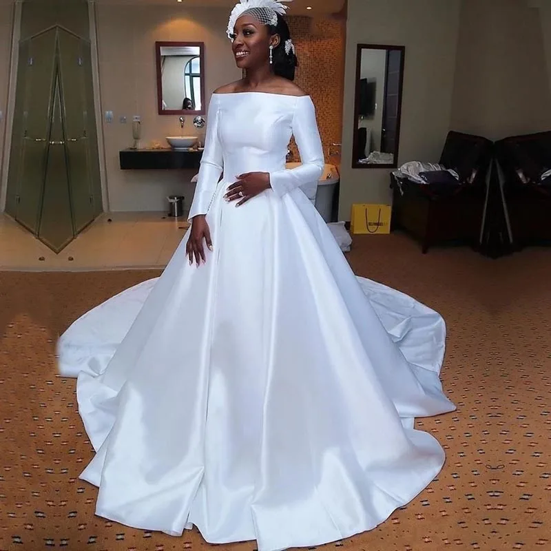 

Long Sleeves Satin A Line Wedding Dress Plus Size Bridal Gowns Robe De Marriage White Wedding Dresses Vestido De Novias 2019