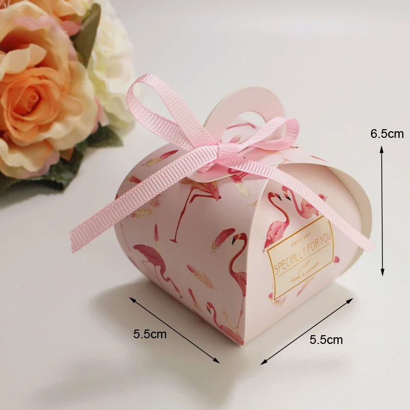 50 шт. подарочная коробка в Золотой горошек, бумага с фламинго, коробки для конфет, горячая штамповка, Свадебная коробка для подарков, шоколадная праздничная подарочная упаковка на день рождения - Цвет: ribbon included